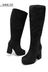 Hudson Wide Fit Platform Block Heel Boots - Black Suede