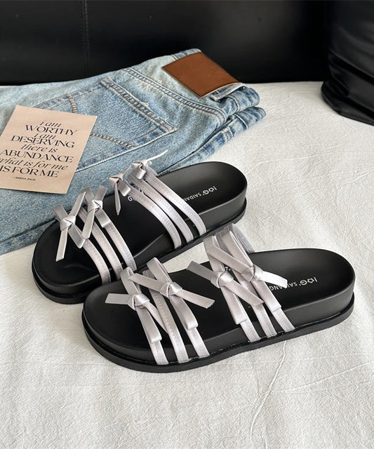 New Fashion Versatile Silver Bow Platform Slide Sandals
