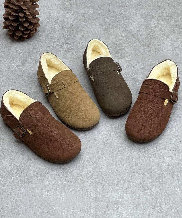 Coffee Cowhide Leather Flats Fuzzy Wool Lined Comfy Buckle Strap Flats