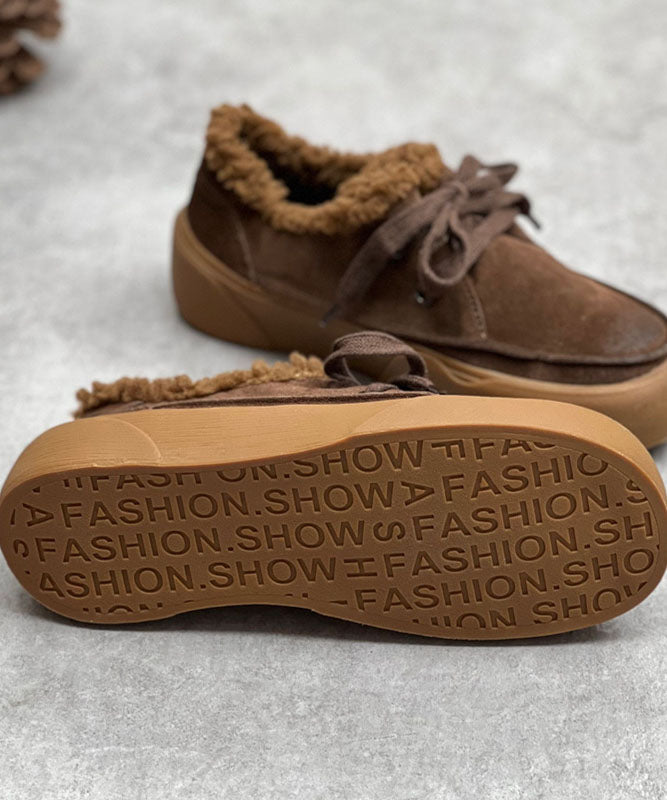 Coffee Flats Lace Up Flat Shoes For Women Fuzzy Wool Lined