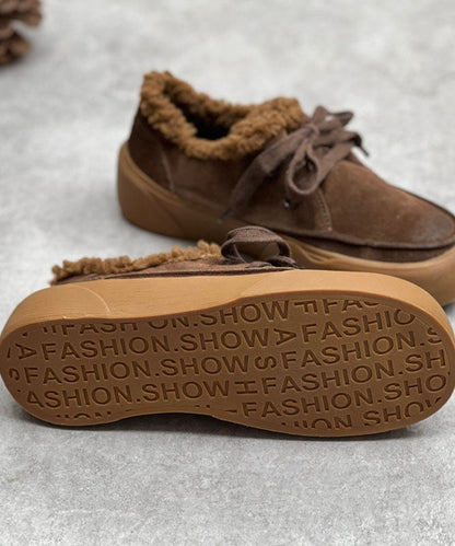 Coffee Flats Lace Up Flat Shoes For Women Fuzzy Wool Lined