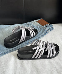 New Fashion Versatile Silver Bow Platform Slide Sandals