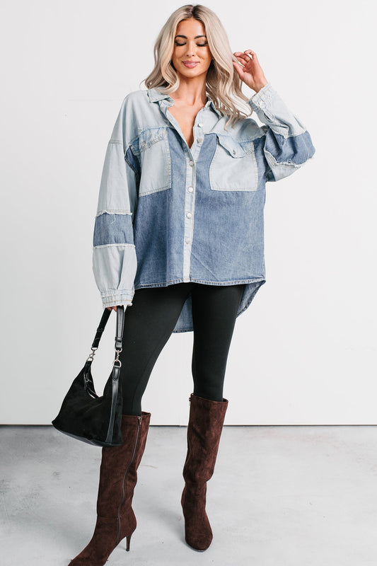 Laugh Lines Raw Seam Denim Shacket (Denim Multi)