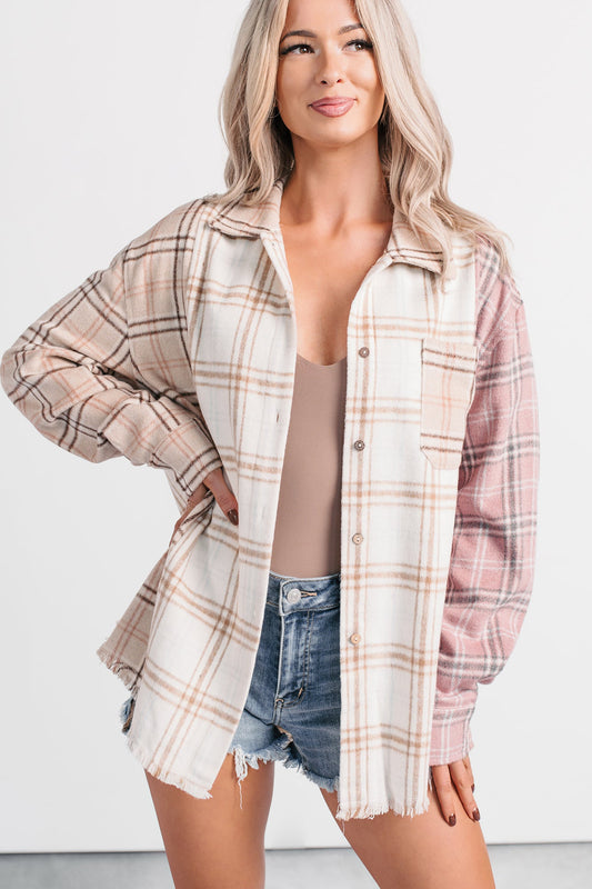Chill Hour Oversized Mixed Plaid Shacket (Multi/Pink)