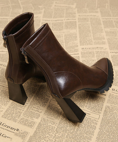Handmade Splicing Chunky Heels Boots Brown Cowhide Leather