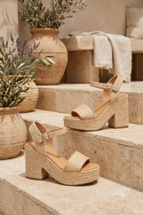 Marina Raffia Platform Heels - Natural