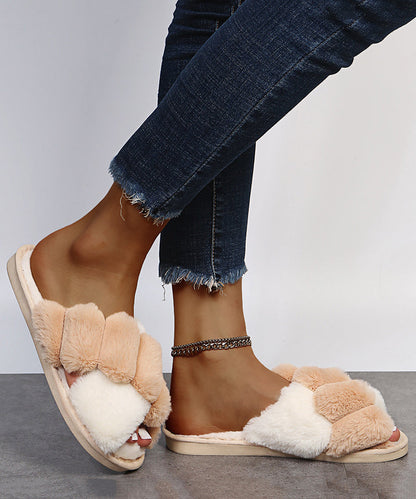 New Pink Slippers Shoes Fuzzy Fur Fitted Splicing Cross Strap