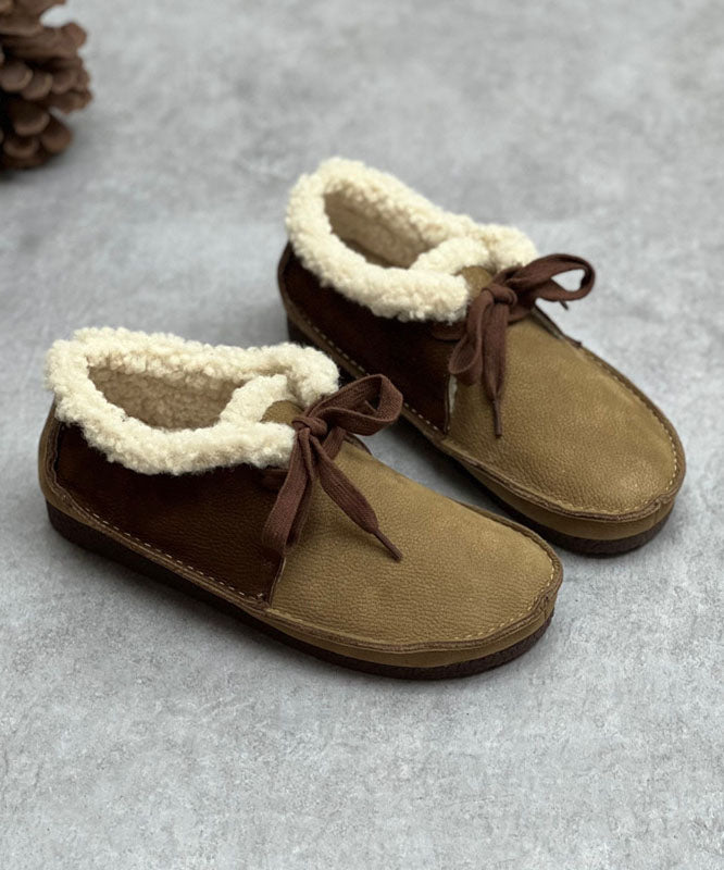 Coffee Flat Shoes For Women Lace Up Fuzzy Wool Lined Flat Shoes For Women