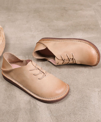 Coffee Cowhide Leather Flats Lace Up Flats