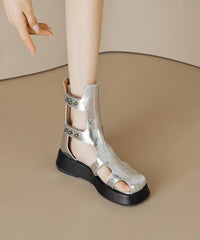 Fashion Hollow Out Platform Sandals Boots Black Cowhide Leather