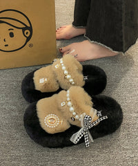 New Khaki Nail Bead Bow Platform Teddy Slide Sandals