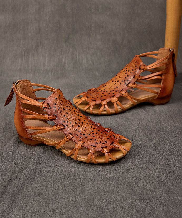 Brown Hollow Out Cowhide Leather Splicing Sandals