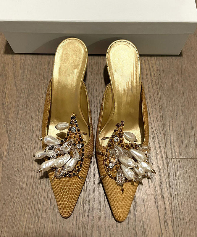 Golden Slide Sandals New French Pointed Toe Bead Decorated