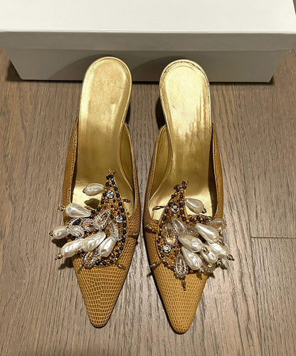 Golden Slide Sandals New French Pointed Toe Bead Decorated
