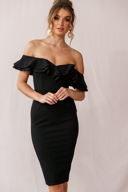 Rossi Ruffled Off The Shoulder Bodycon Dress Black