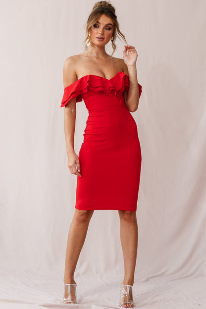Rossi Ruffled Off The Shoulder Bodycon Dress Red