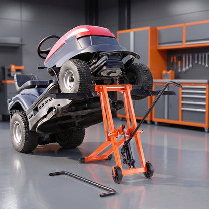 Lawn Mower Lift with Hydraulic Jack, 500 Lbs Weight Capacity, Solid Carbon Steel Lawn Mower Lift, Adjustable Movable Lawn Lifter for Riding Tractors and Zero Turn Lawn Mowers, Orange