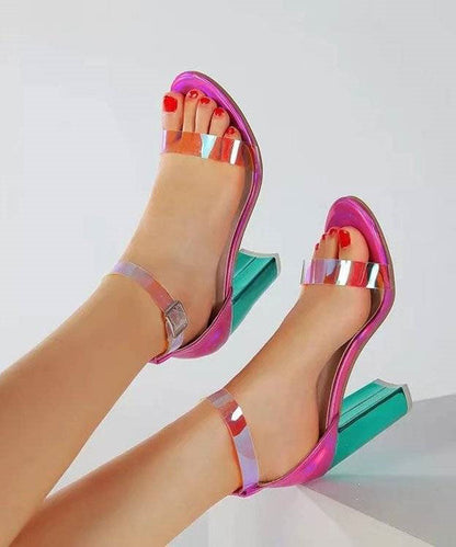 Fine Buckle Strap Splicing Chunky High Heels Sandals For Women Colorblock Faux Leather
