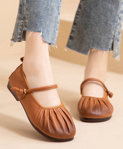 Brown Comfy Cowhide Leather Women Splicing Flat Shoes Wrinkled