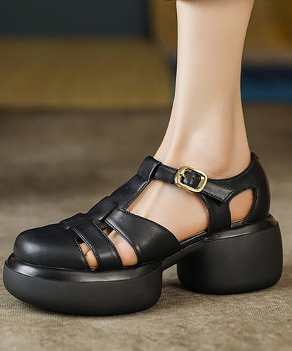 Hollow Out Splicing Chunky Sandals Beige Cowhide Leather
