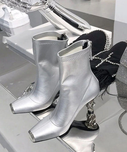 New Versatile Silver Zipper Metal Heterotypic High Heel Boots