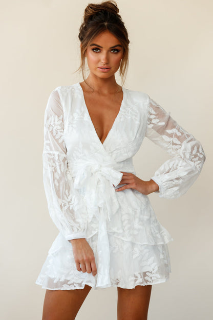 Kerry Layered Balloon Sleeve Dress Floral Embroidered White