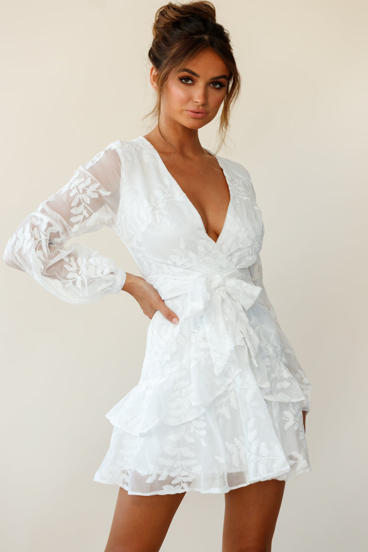 Kerry Layered Balloon Sleeve Dress Floral Embroidered White