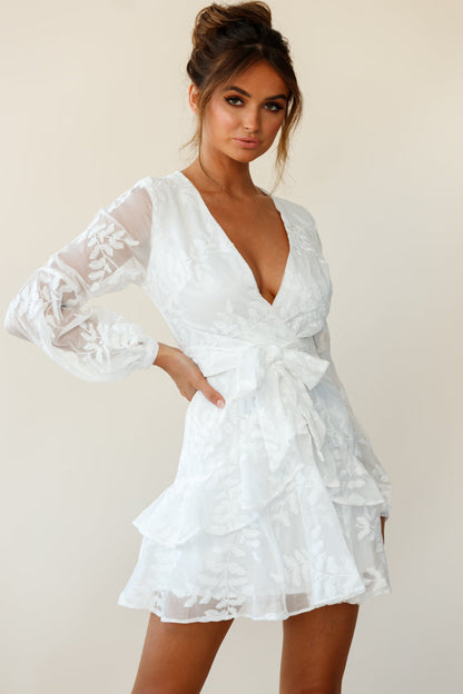 Kerry Layered Balloon Sleeve Dress Floral Embroidered White