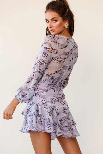 Kerry Layered Balloon Sleeve Dress Flower Pattern Lilac