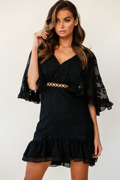 Caspar Leafy Embroidered Dress Black Tall