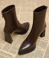 Handmade Splicing Chunky Heels Boots Brown Cowhide Leather