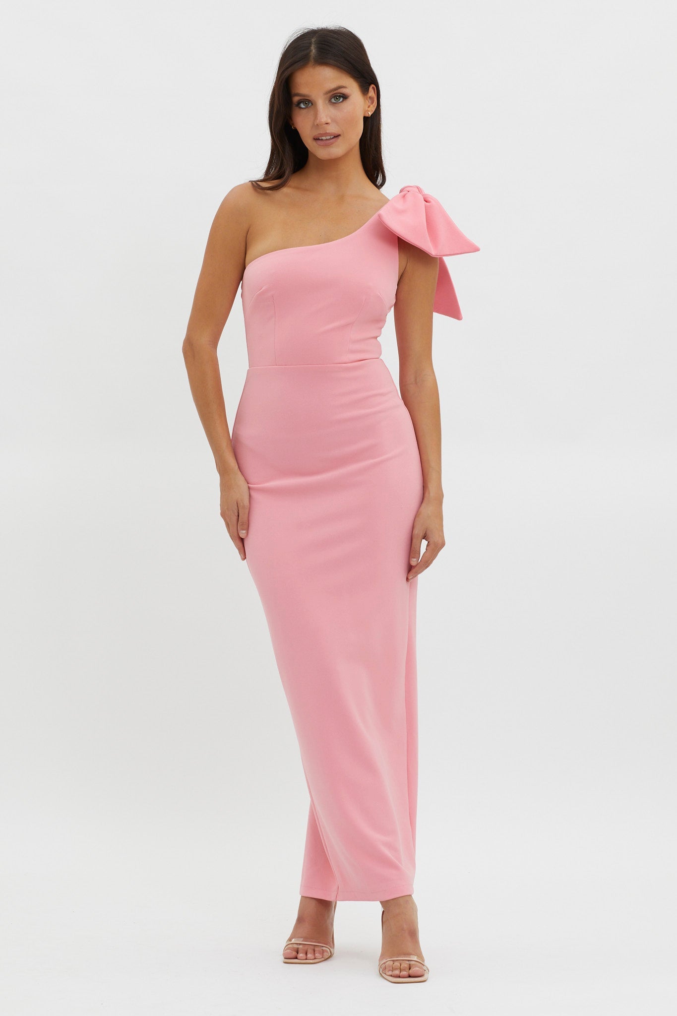 Tiffany One-Shoulder Bow Maxi Dress Pink