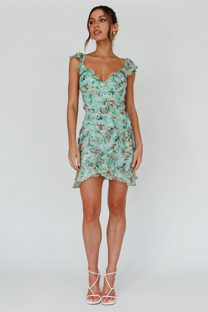Make Memories Frill Strap Mini Dress Floral Mint