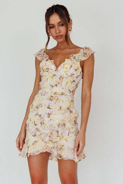 Make Memories Frill Strap Mini Dress Floral Yellow