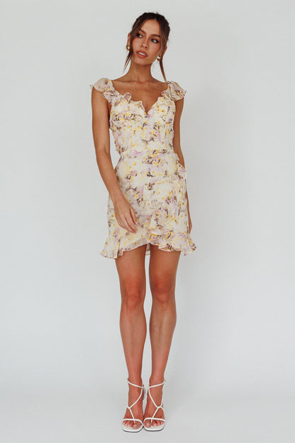 Make Memories Frill Strap Mini Dress Floral Yellow