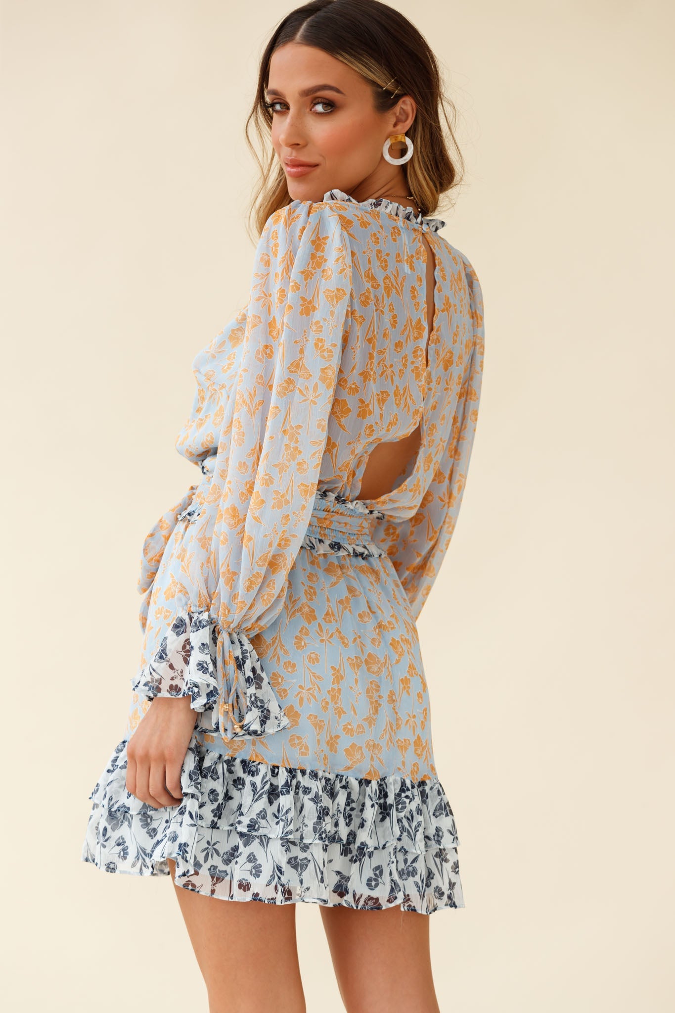 Prague Long Sleeve Ruffle Hem Dress Floral Print Blue/Orange Multi
