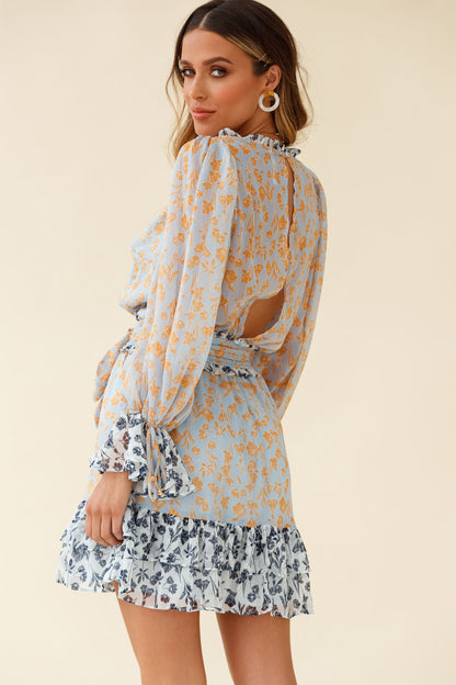 Prague Long Sleeve Ruffle Hem Dress Floral Print Blue/Orange Multi