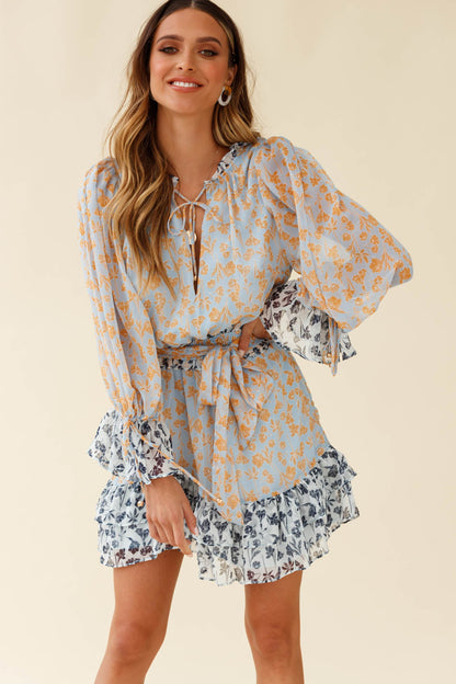 Prague Long Sleeve Ruffle Hem Dress Floral Print Blue/Orange Multi