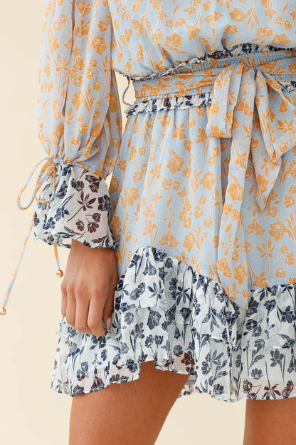 Prague Long Sleeve Ruffle Hem Dress Floral Print Blue/Orange Multi