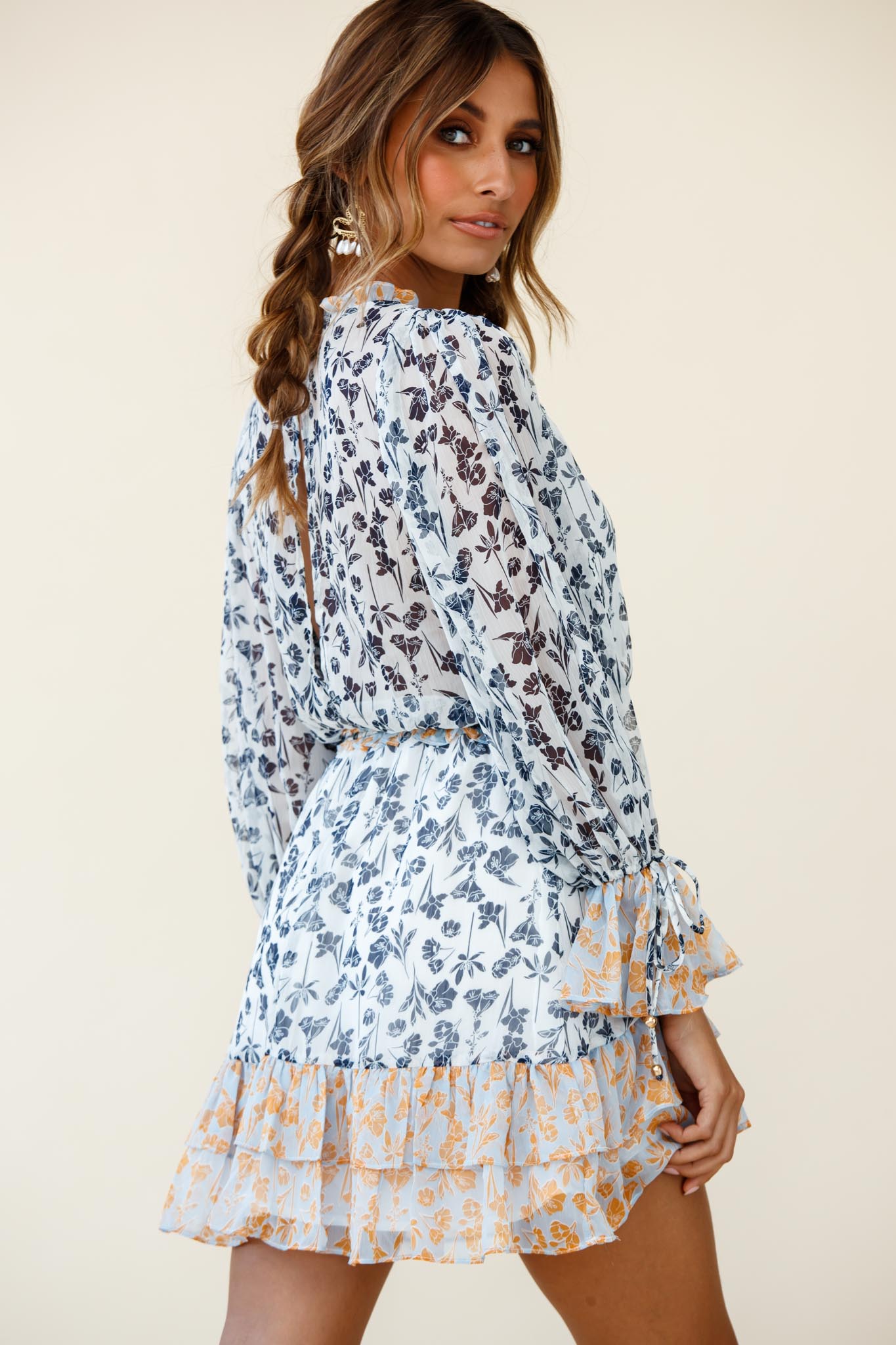 Prague Long Sleeve Ruffle Hem Dress Floral Print Navy/White Multi