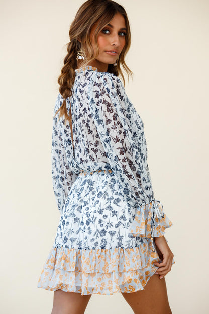 Prague Long Sleeve Ruffle Hem Dress Floral Print Navy/White Multi