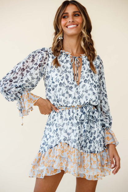 Prague Long Sleeve Ruffle Hem Dress Floral Print Navy/White Multi