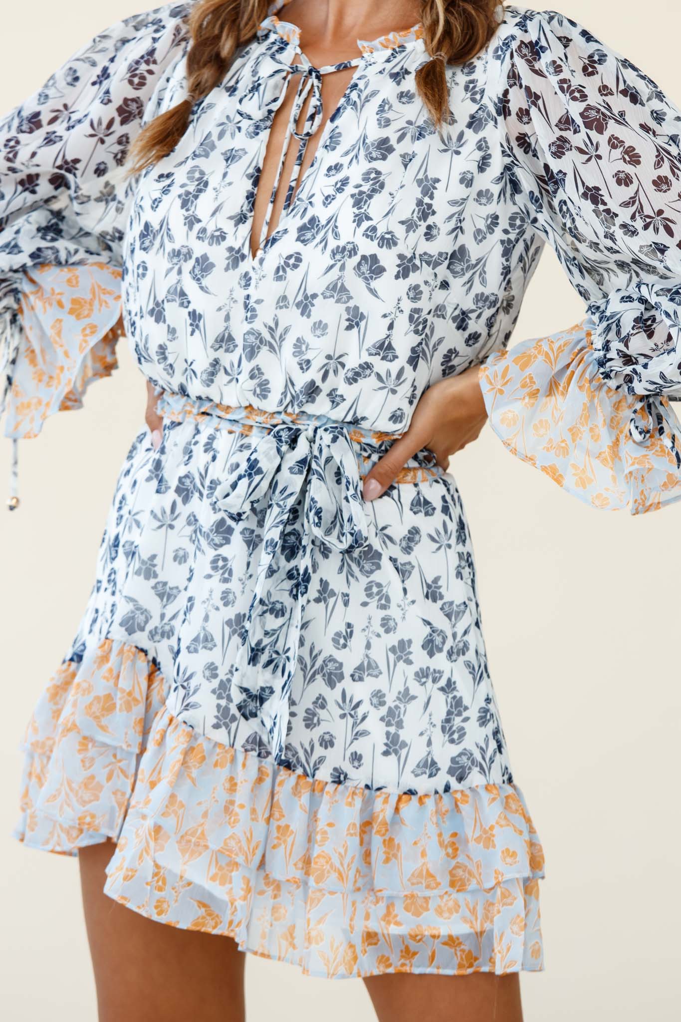 Prague Long Sleeve Ruffle Hem Dress Floral Print Navy/White Multi