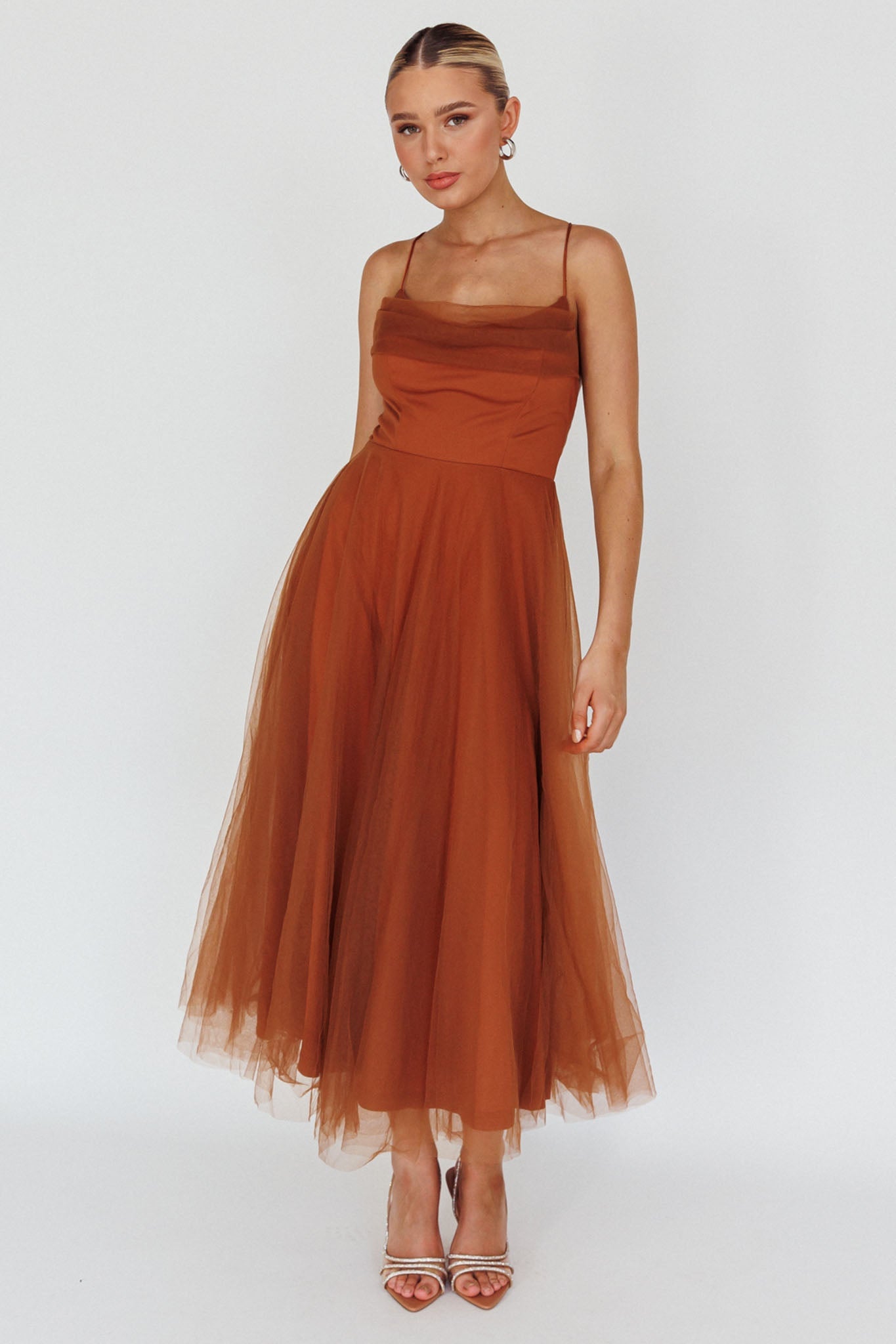 Floating By Pleated Neckline Mesh Midi Dress Brown
