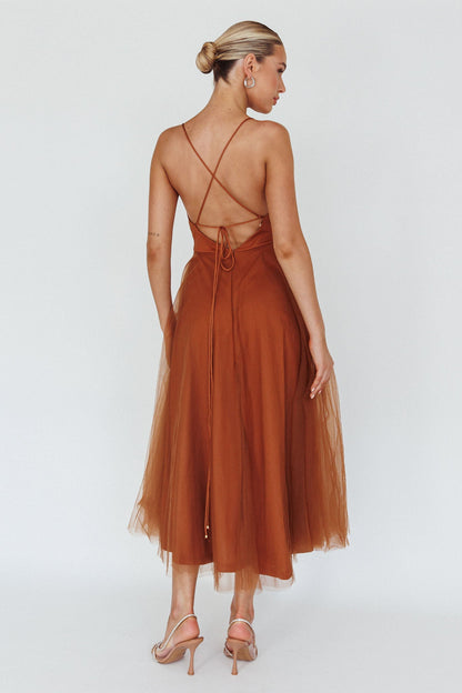 Floating By Pleated Neckline Mesh Midi Dress Brown