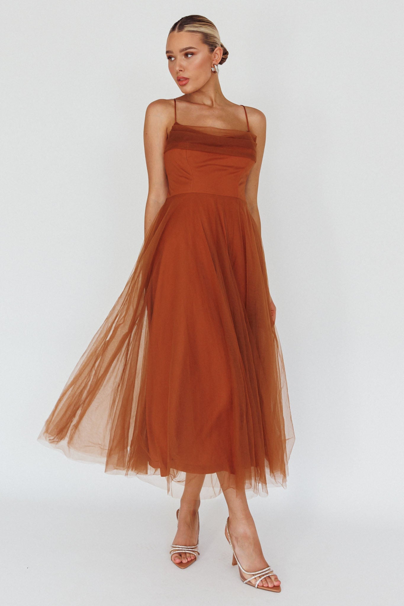 Floating By Pleated Neckline Mesh Midi Dress Brown