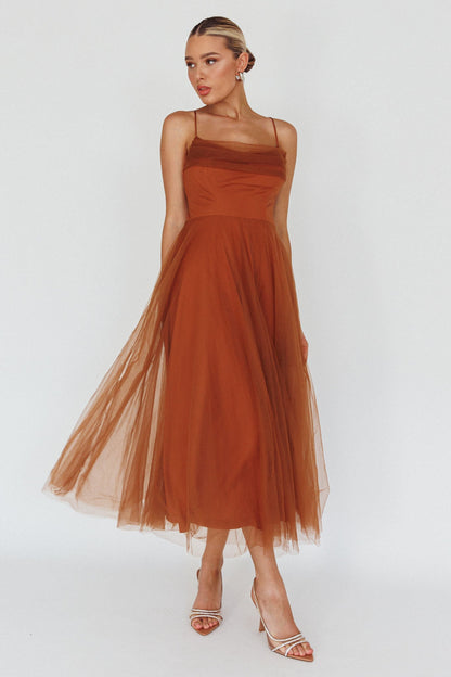 Floating By Pleated Neckline Mesh Midi Dress Brown