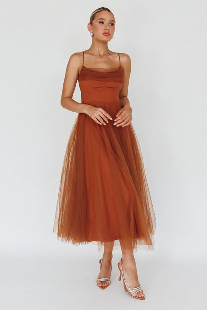 Floating By Pleated Neckline Mesh Midi Dress Brown