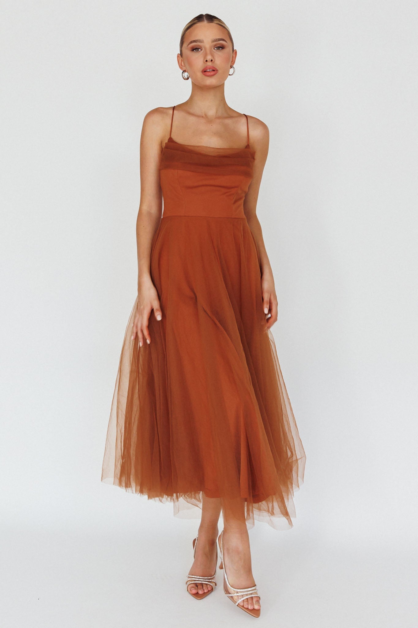 Floating By Pleated Neckline Mesh Midi Dress Brown