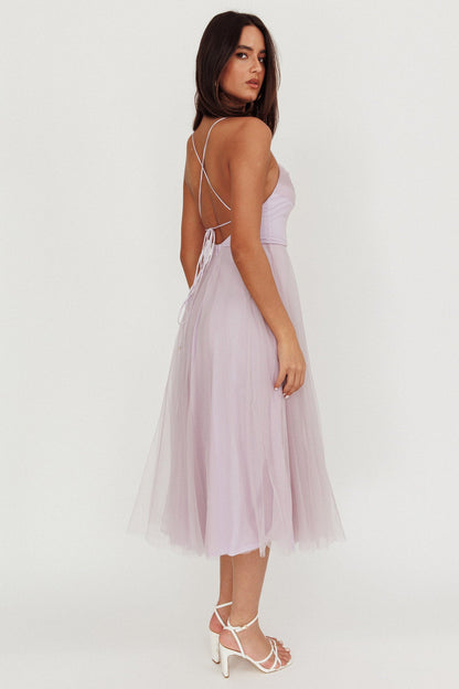 Floating By Pleated Neckline Mesh Midi Dress Lilac